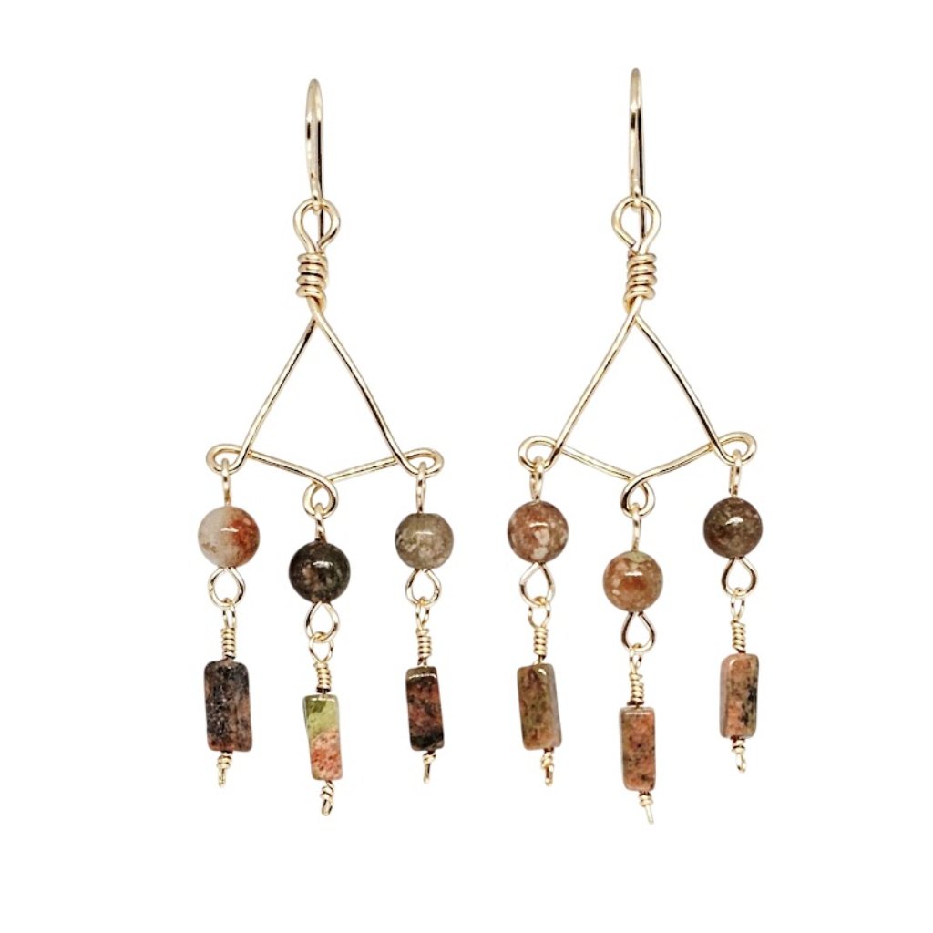 Autumn Jasper Gemstone Beaded Gold Triangle Chandelier Dangle Boho Fall Earrings
